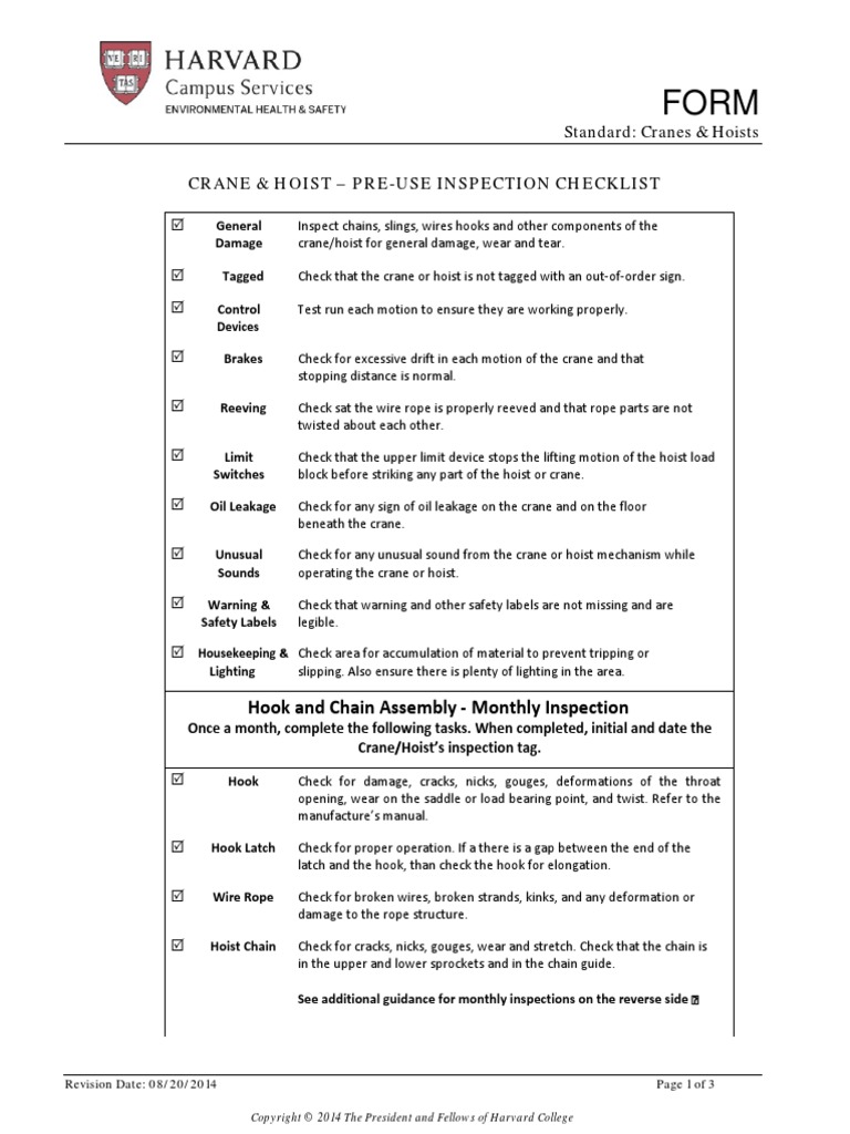 Crane and Hoist Pre Use Inspection Checklist | PDF | Rope | Crane (Machine)