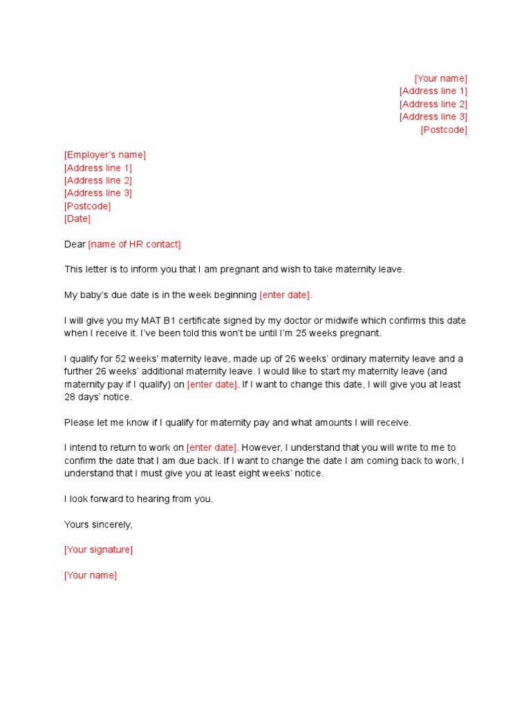 Letter For Maternity Leave To An Employer 25  PDF