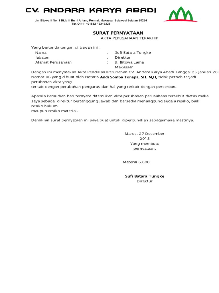 Contoh Surat Akta Pendirian Perusahaan Cv Vivianna Info