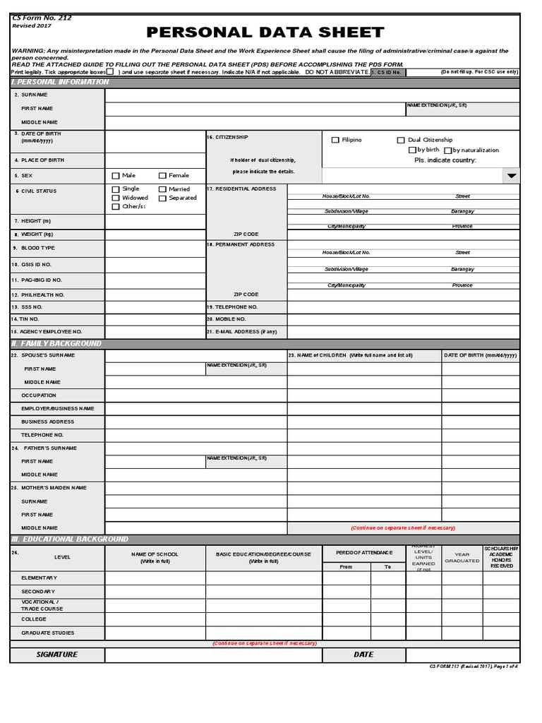 Personal Data Sheet PDF Business