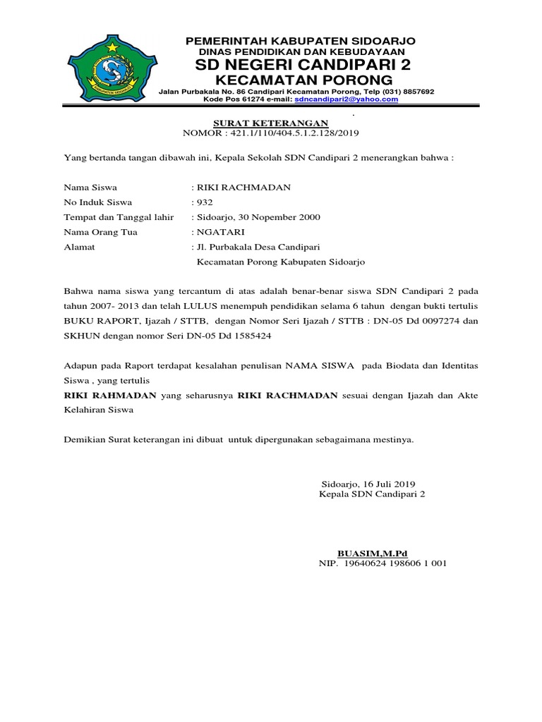Surat Keterangan Salah Penulisan Raport Pdf