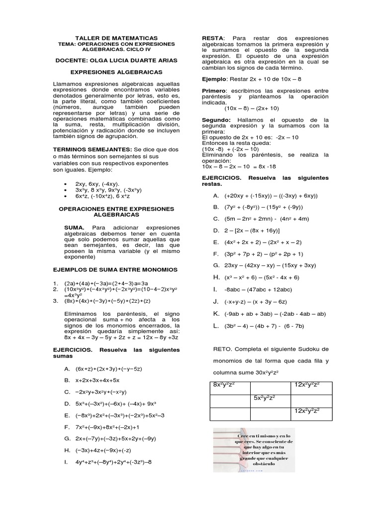 Taller de Operaciones Algebraicas | PDF | Multiplicación | Teoría de ...