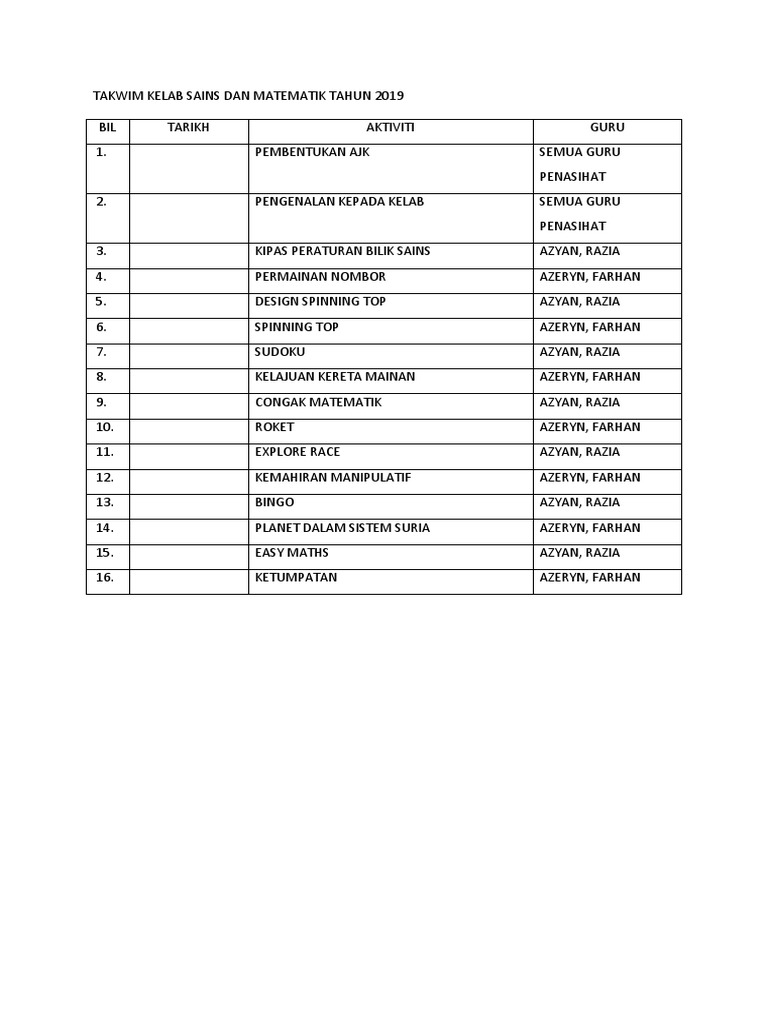 Takwim Kelab Sains Dan Matematik Tahun 2019 | PDF