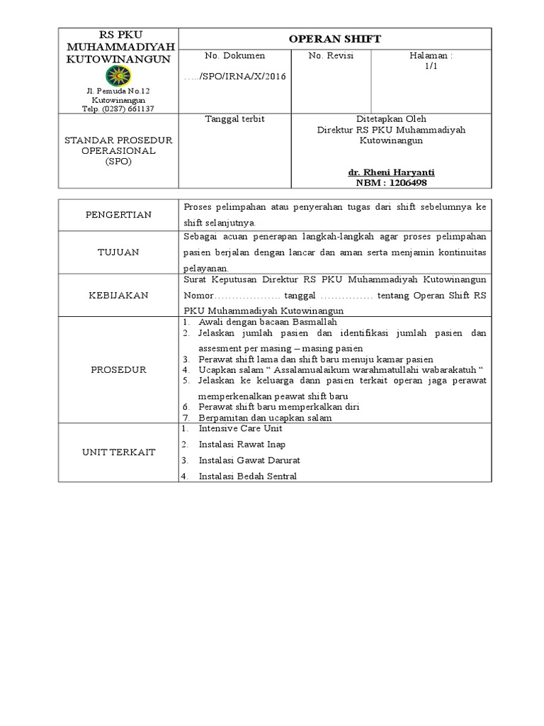 Prosedur Operan Shift RS PKU Muhammadiyah | PDF