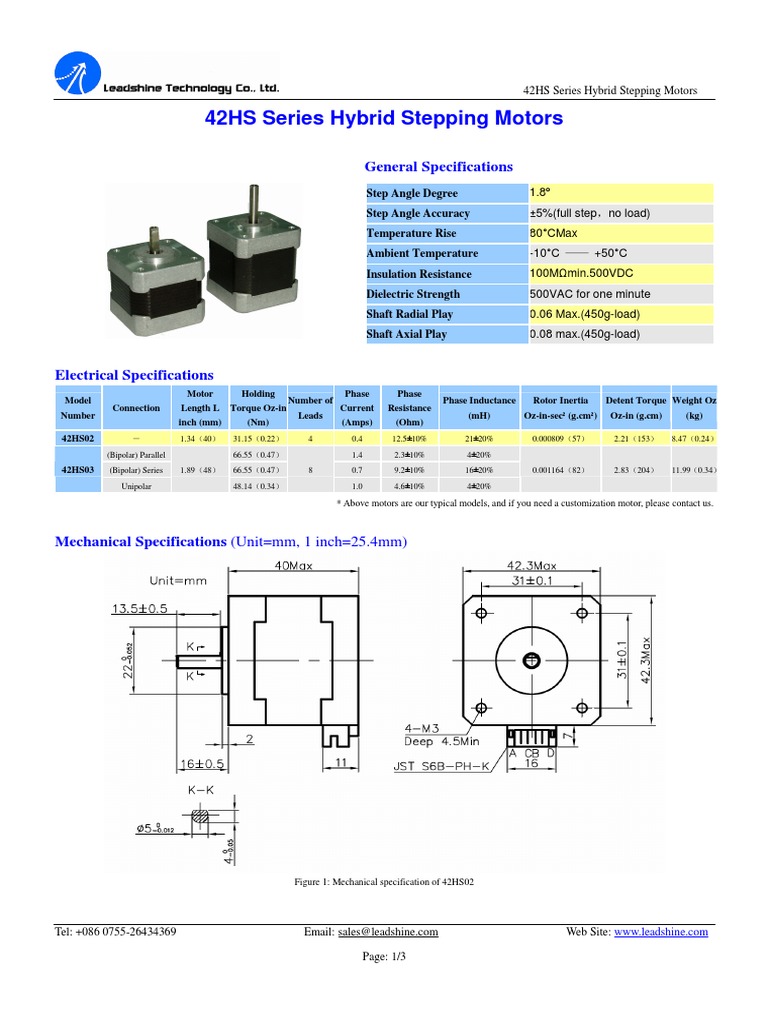 Leedshine 42HS03 Stepper Motor Datasheet PDF Electric Motor