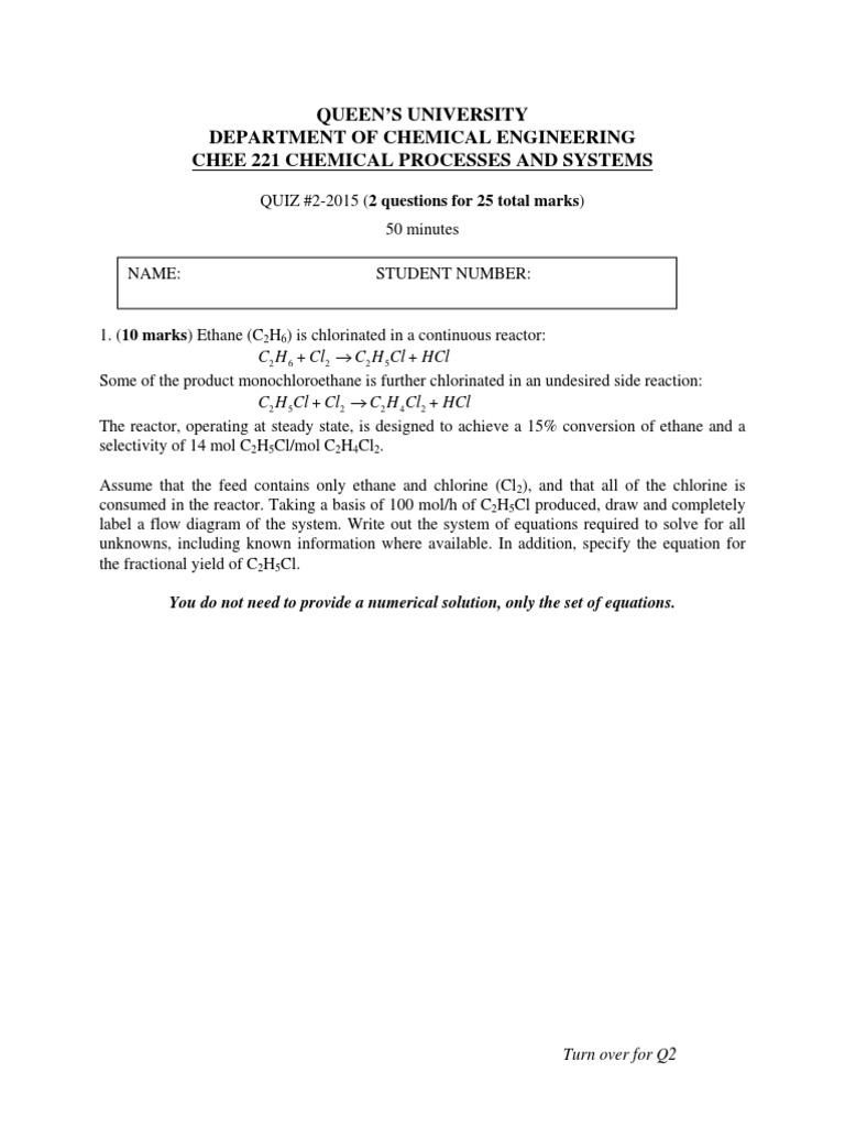 Quiz 2 15 Solutions Chemical Reactor Carbon Monoxide
