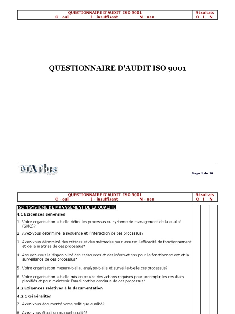 Questionnaire d'Audit ISO 9001 | PDF | Management de la qualité ...