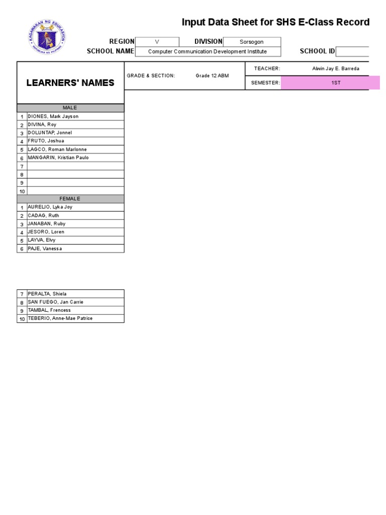 SHS E-Class Record: Grade 12 ABM | PDF | Learning | Behavior Modification