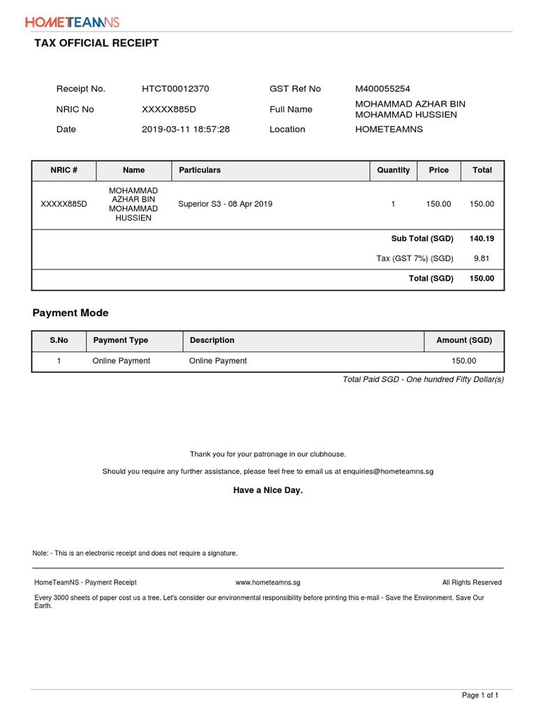 HomeTeamNS Payment Receipt Details | PDF | Receipt | Services (Economics)