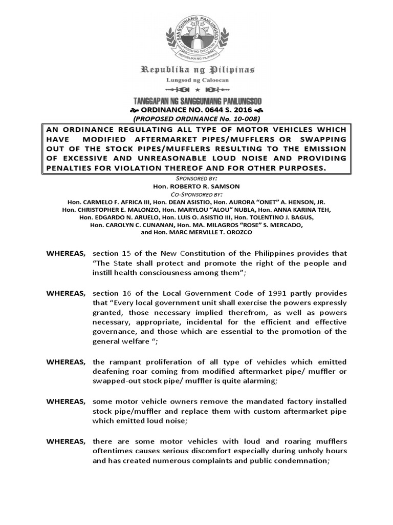 ORDINANCE NO. 0644 Regulating Modified Pipes and Mufflers PDF PDF
