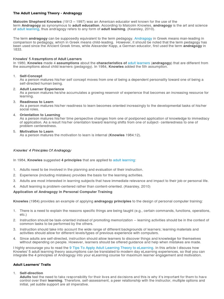 The Adult Learning Theory | PDF | Adult Education | Learning Theory ...
