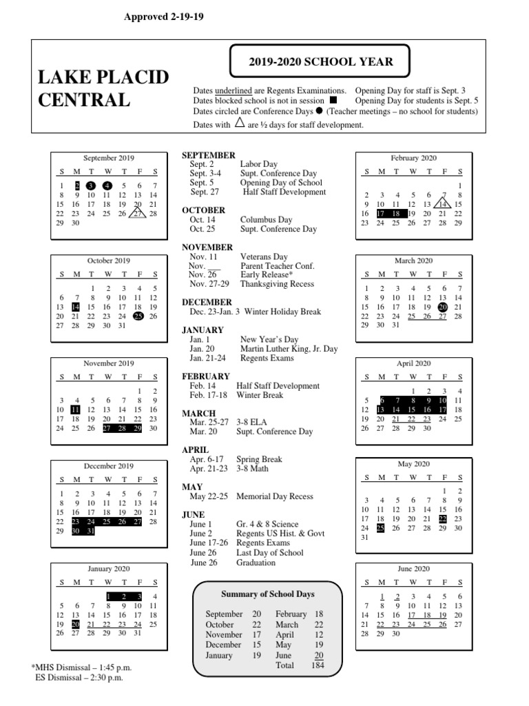 Lake Placid Central 20192020 SCHOOL YEAR PDF Schools Public Holiday