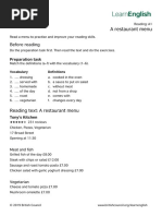 A1 Reading: Restaurant Menu Practice | PDF | Drink | Steak
