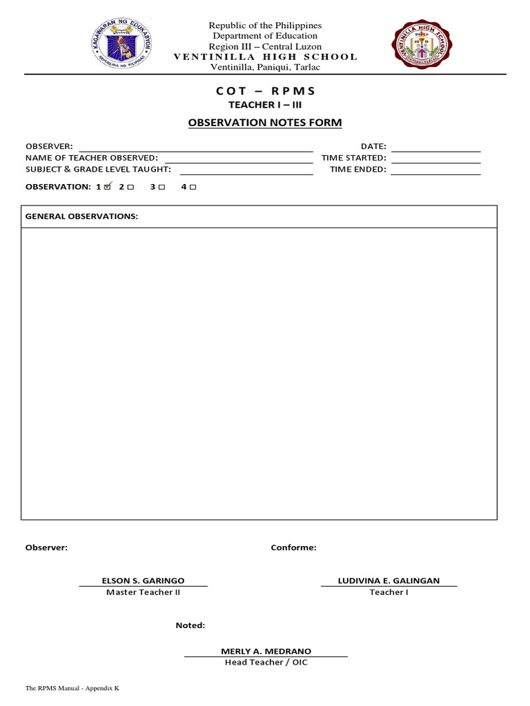 Cot Observation Notes Form | PDF