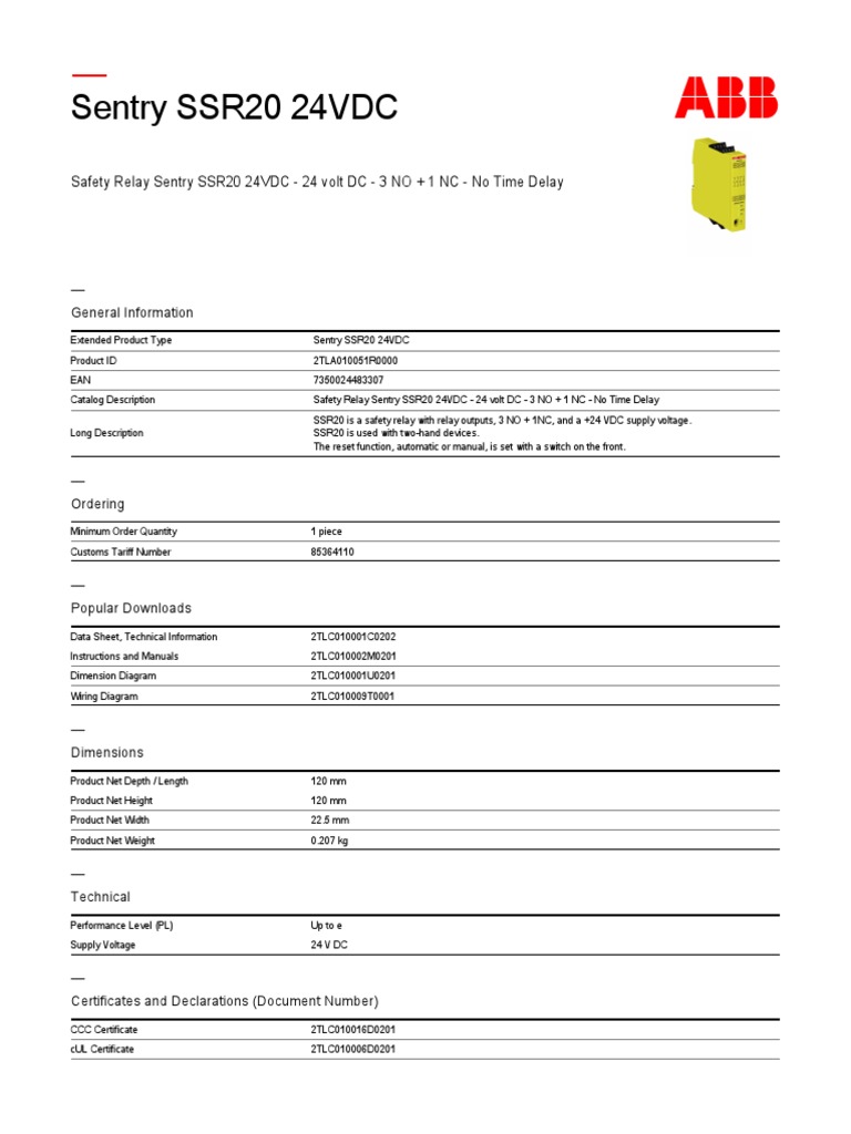 Safety Relay Sentry SSR20 24VDC | PDF | Relay | Direct Current