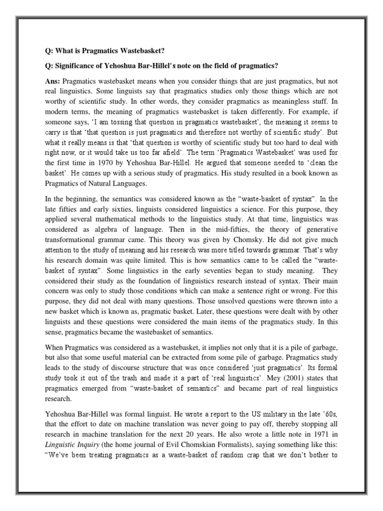 Pragmatics Wastebasket PDF Semantics Linguistics