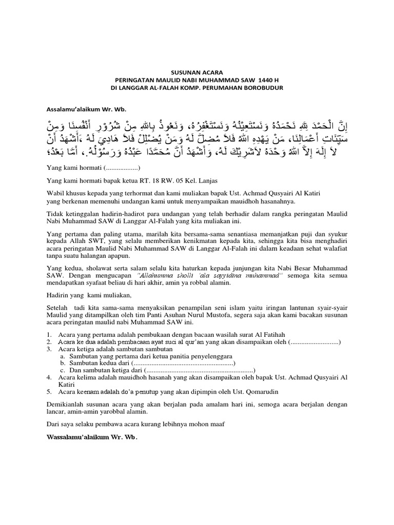 Teks Mc Maulid Nabi Muhammad Saw Singkat