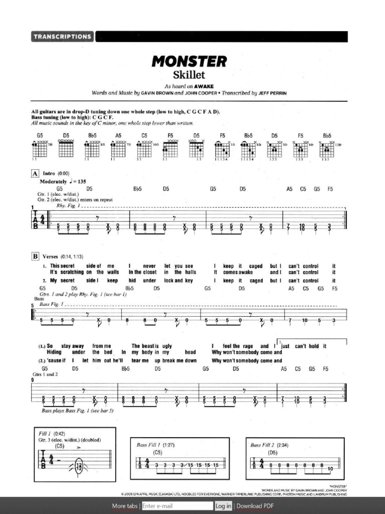 Monster - Skillet - Guitar & Bass Tablature PDF
