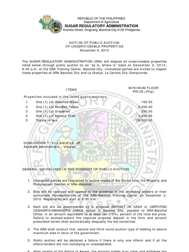 Notice of Public Auction Unserviceable Properties Auction Government