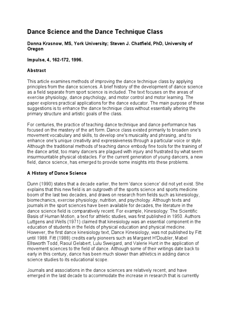 Dance Science and The Dance Technique Class PDF PDF Learning Dances