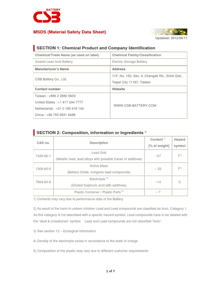 2UCD807006-Q - CSB Battery Co., Ltd. - Material Safety Data Sheet | PDF ...