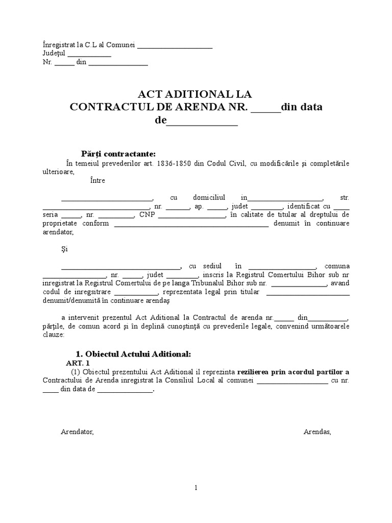 Act Aditional Reziliere Arenda - Model | PDF