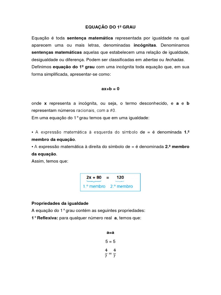 Equação do 1º Grau: Conceitos e Exemplos | PDF | Conjunto (Matemática) |  Equações, image size:768x1024