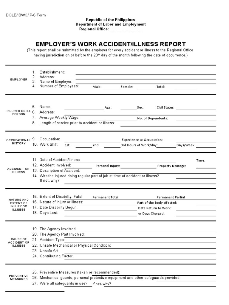 DOLE Work Accident Report Form | PDF | Labor Relations | Employment