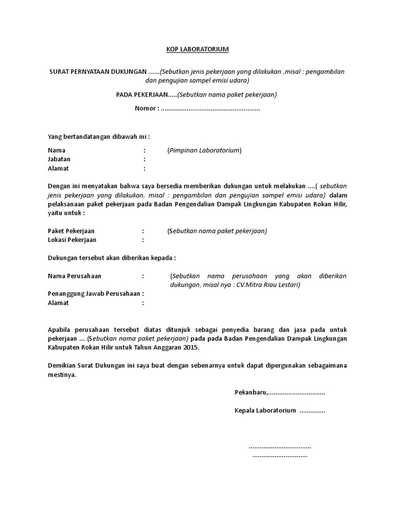 Contoh Surat Dukungan Laboratorium