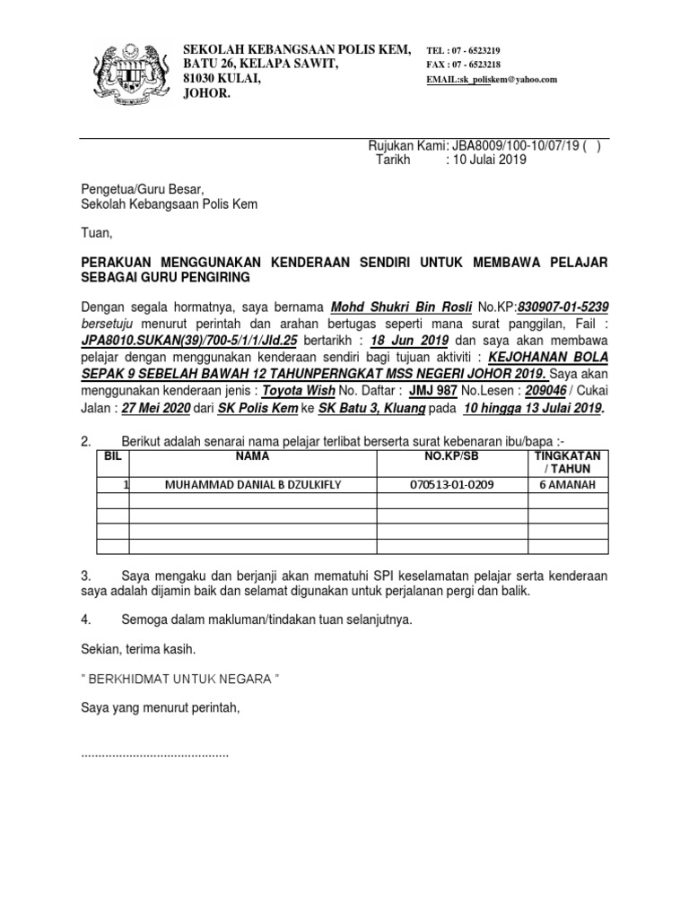 Surat Kebenaran Membawa Murid Pdf