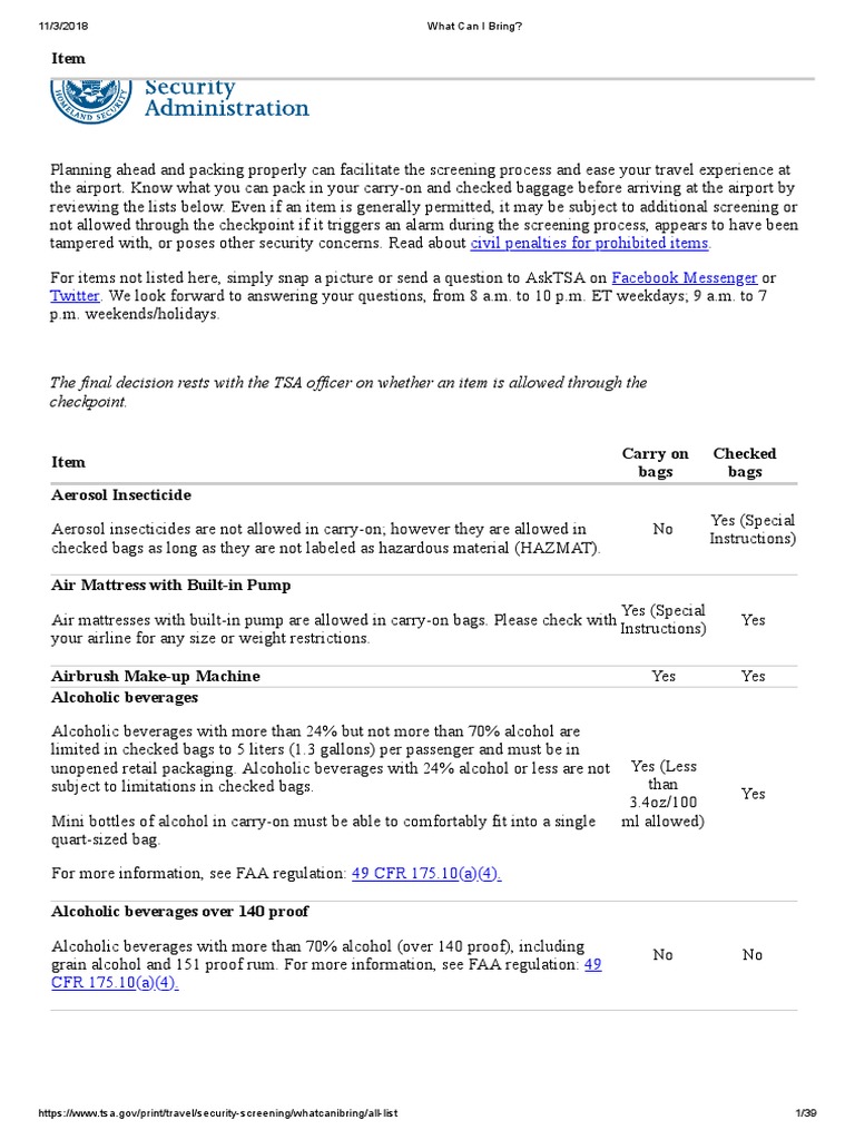TSA Guideline PDF Transportation Security Administration Airliner