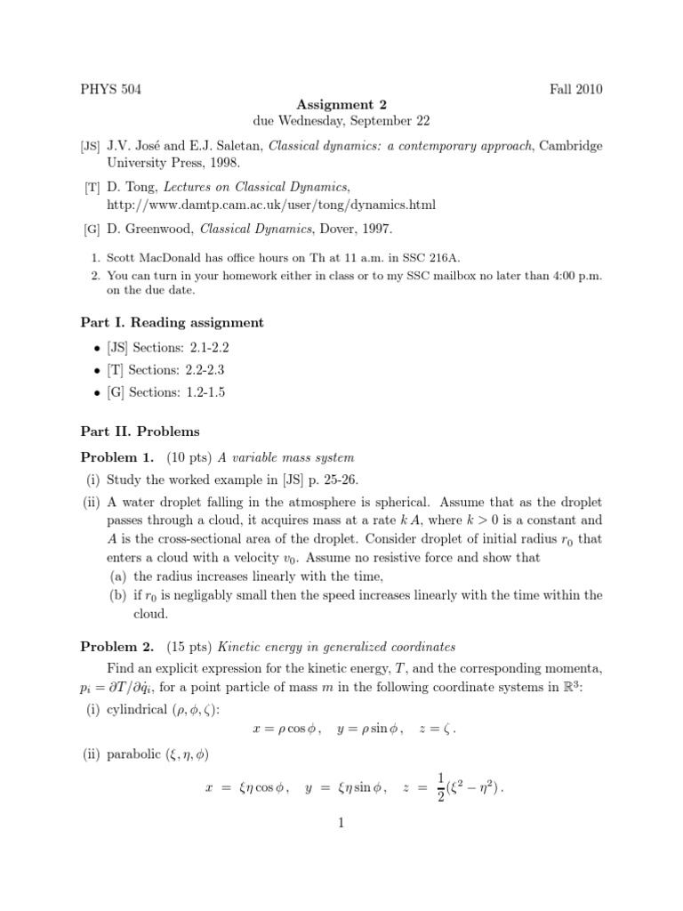 Classical Dynamics Assignment 2 | PDF | Physical Quantities ...