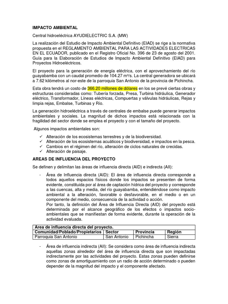 Impacto Ambiental Central Hidroeléctrica | PDF | Reservorio ...