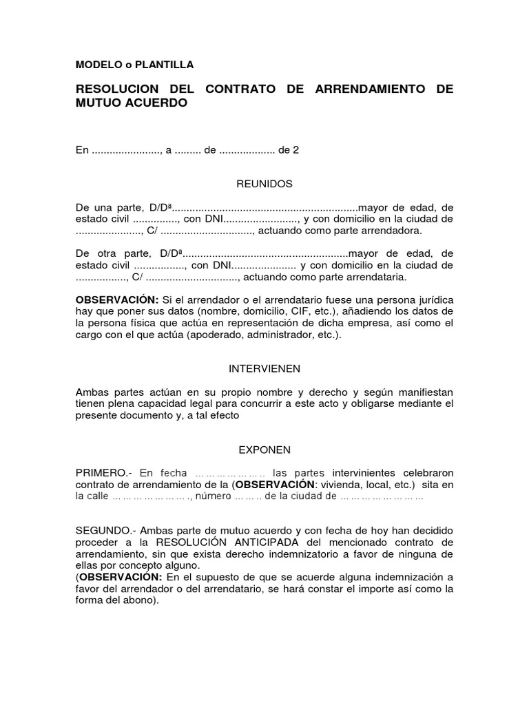Resolucion Del Contrato de Arrendamiento de Mutuo Acuerdo | PDF | Alquiler  | Instituciones sociales