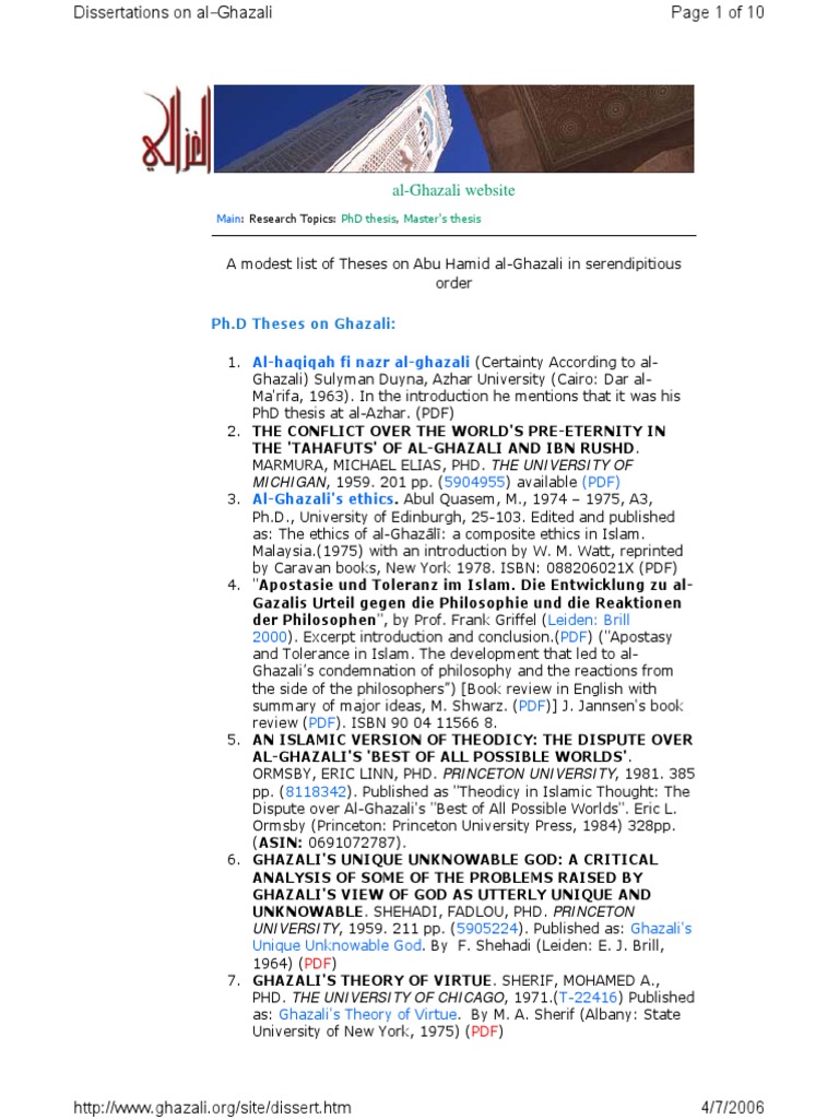 Al Ghazali Website Ph D Theses On Ghazali Islamic Philosophy Western Philosophy