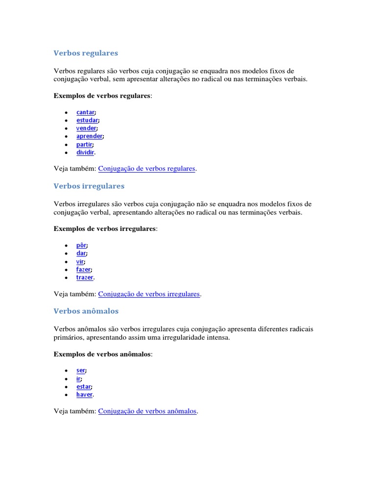 Tipos de Verbos e Exemplos | PDF | Assunto (gramática) | Unidades ...