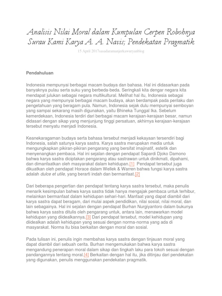 Analisis Nilai Moral Dalam Kumpulan Cerpen Robohnya Surau Kami Karya A Pdf