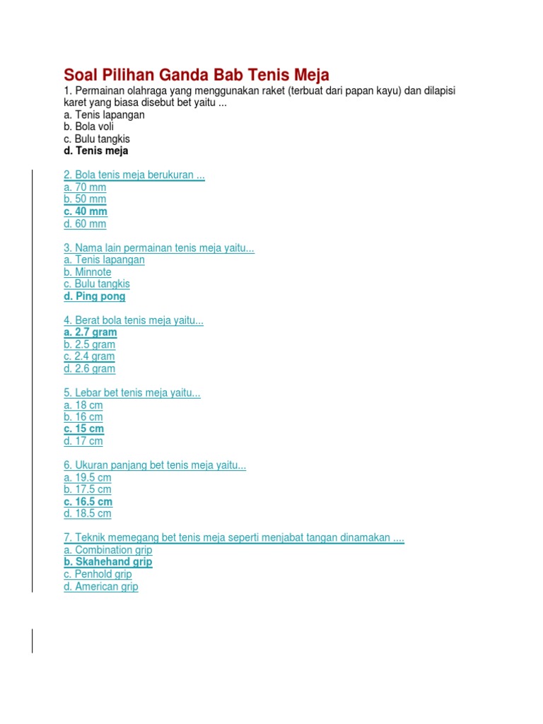 Soal Pilihan Ganda Bab Tenis Meja