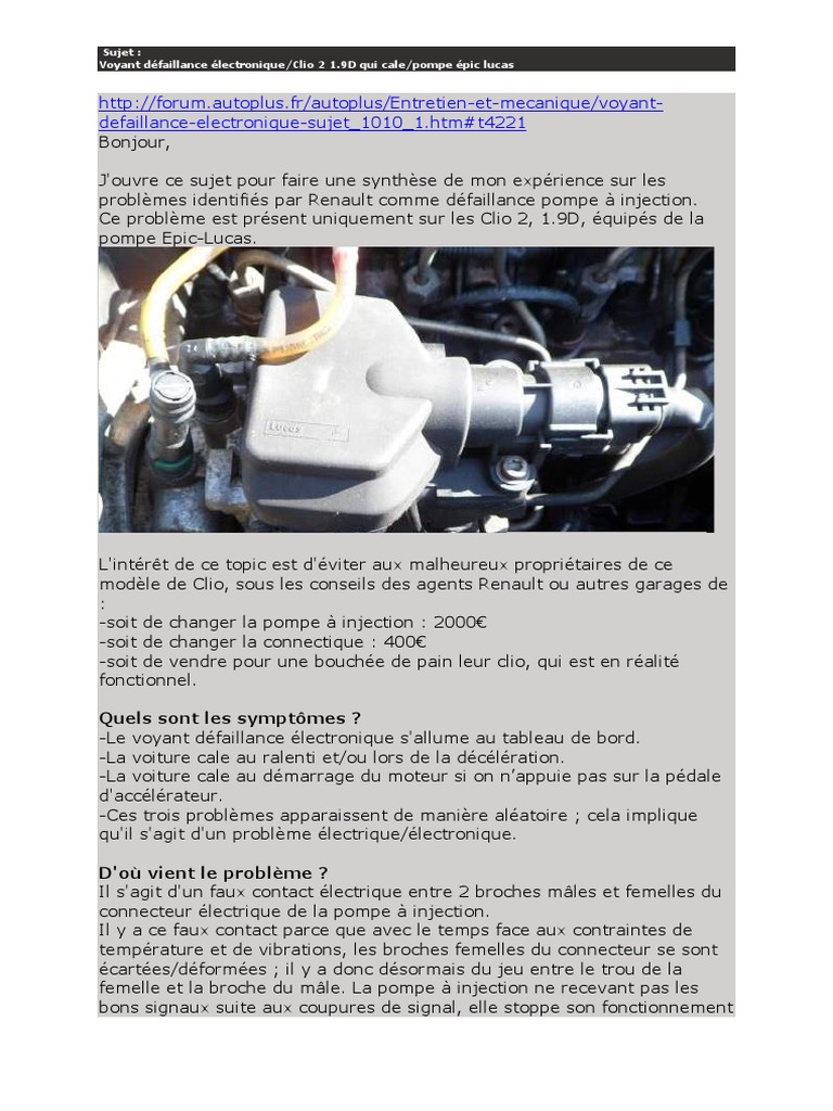 Revue Technique Kangoo 1 9 D Pdf Gratuit Réparation Pompe À Injection CLIO 2 1.9D Pompe Epic Lucas | PDF | Injection  (moteur) | Connectique
