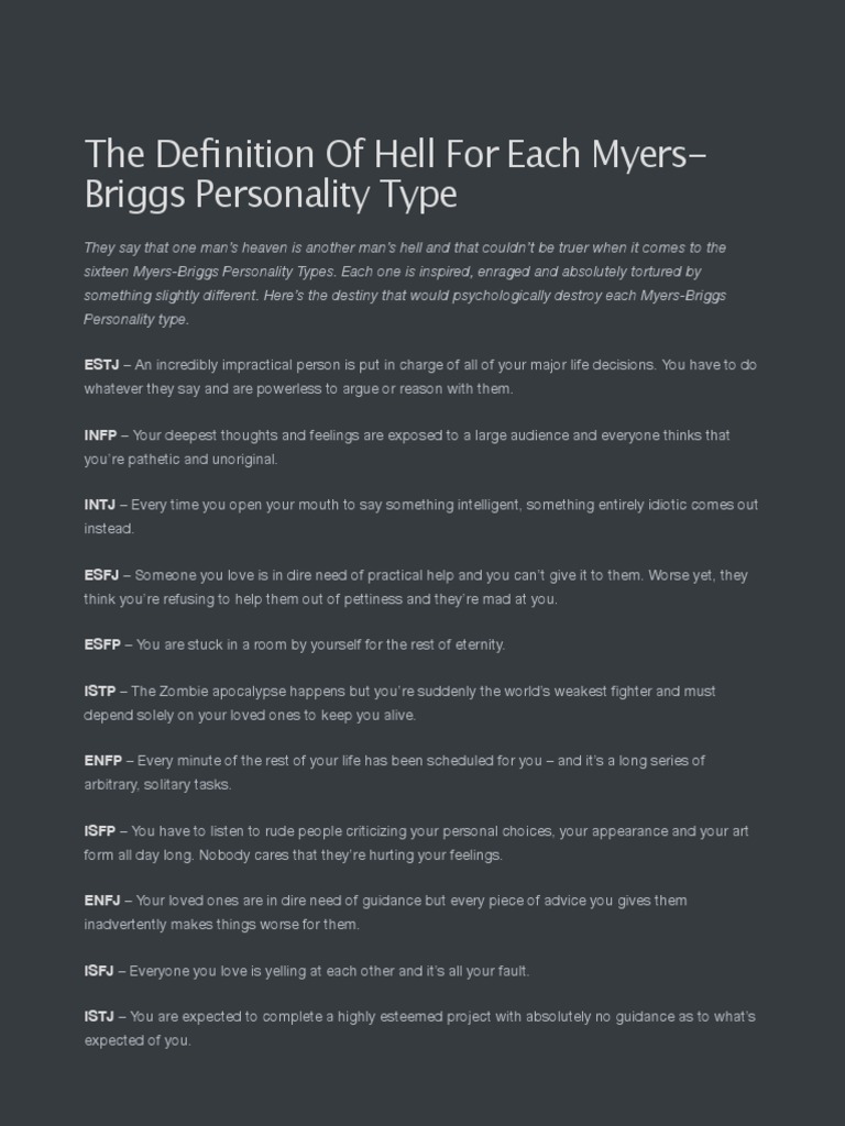 Myers-Briggs Personal Hells Explained | PDF | Stereotypes ...
