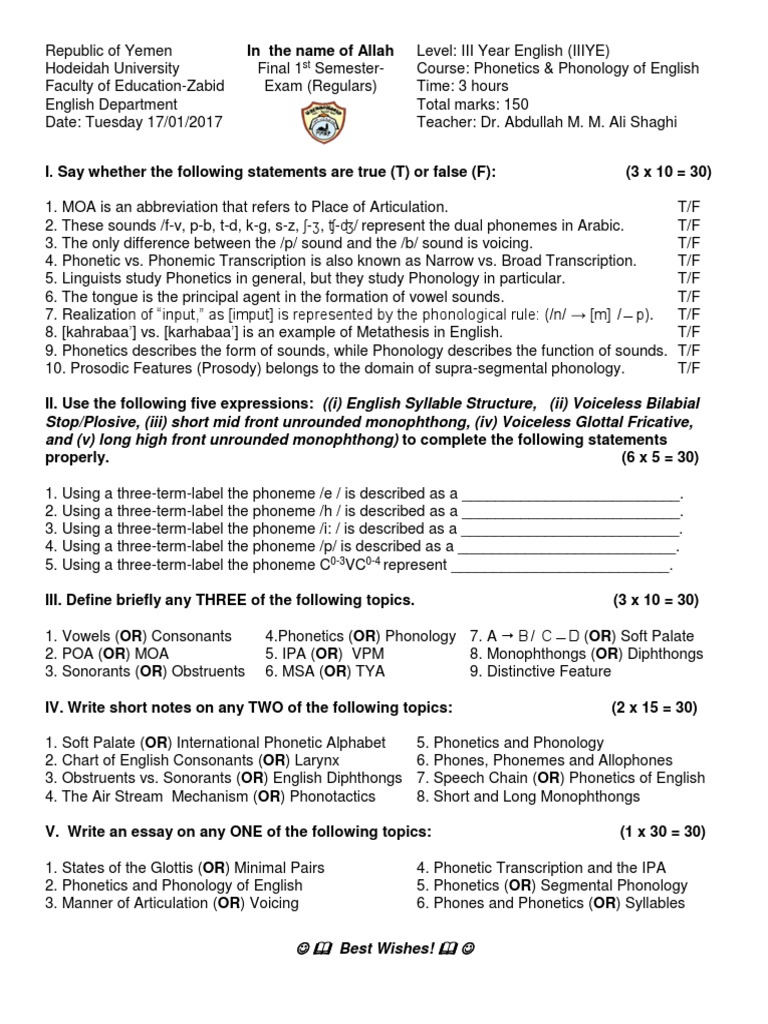 Phonetics & Phonology Exam Guide | PDF | Phonetics | Phoneme