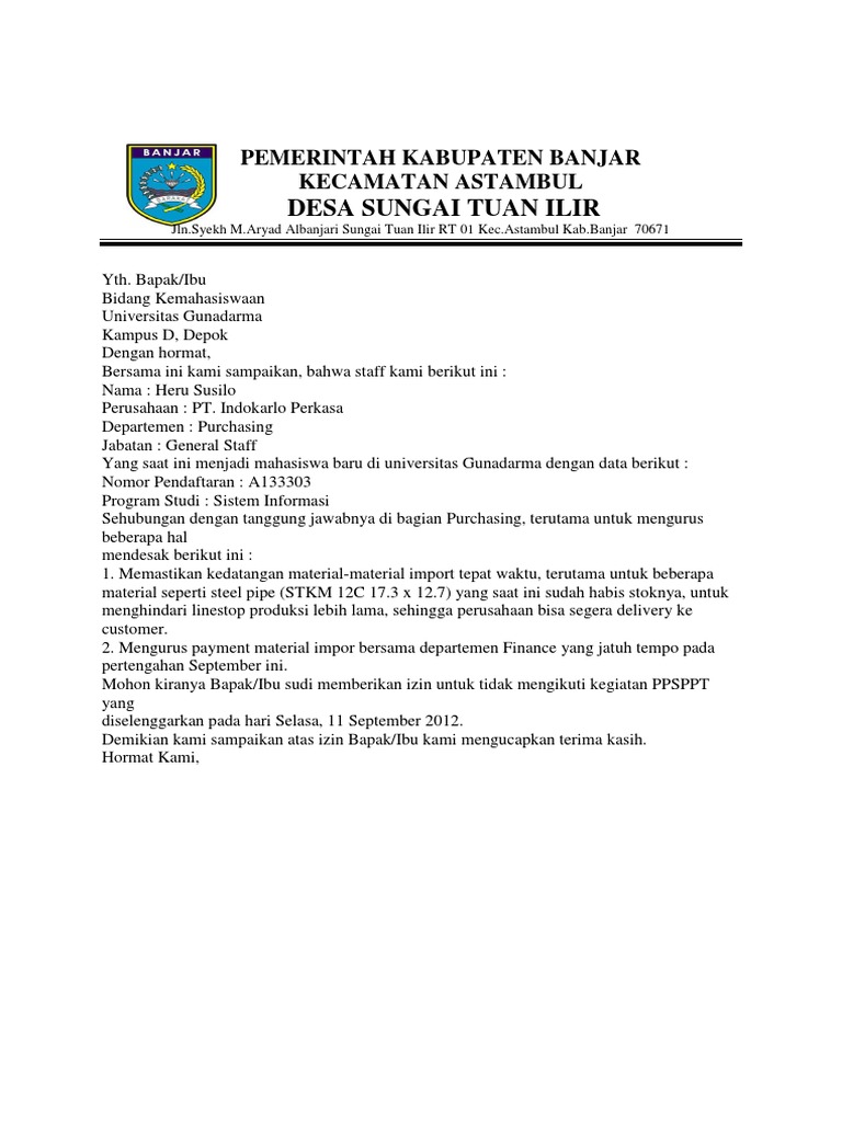 Contoh Surat Memohon Kod Tariff