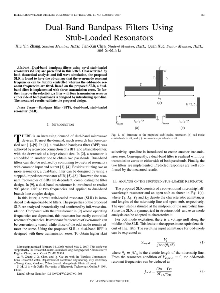 Dual-Band Band Pass Filters Using Stub-Loaded Resonators | PDF | Filter ...