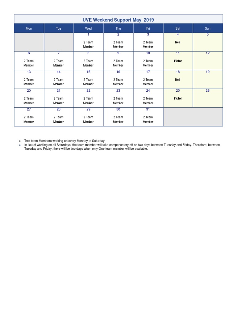 UVE Weekend Support Schedule May 2019 | PDF