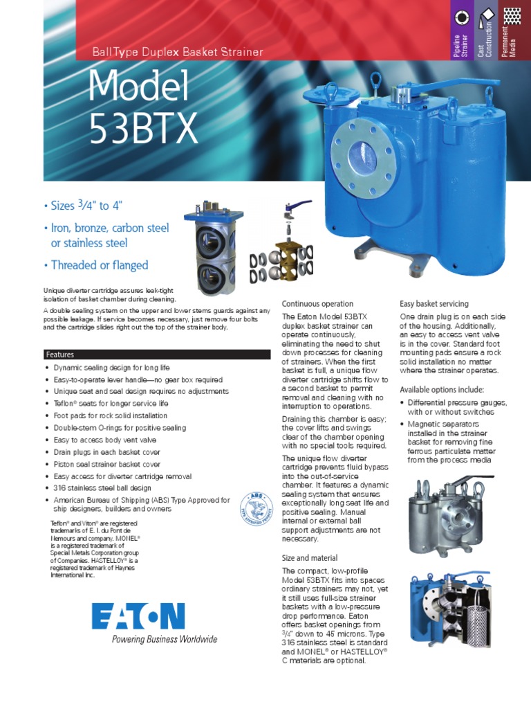 Eaton Basket Strainer Model 53BTX TechnicaDataSheet US2 PDF Valve Mechanical Engineering