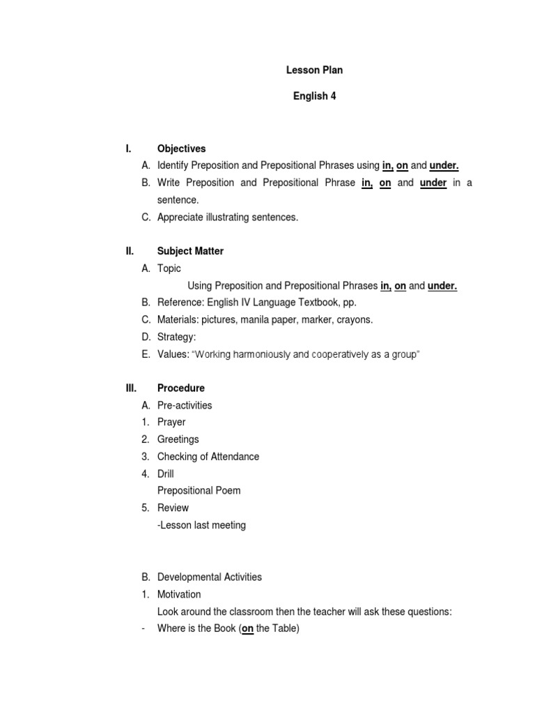 Preposition Lesson Plan for Grade 4 | PDF | Preposition And ...