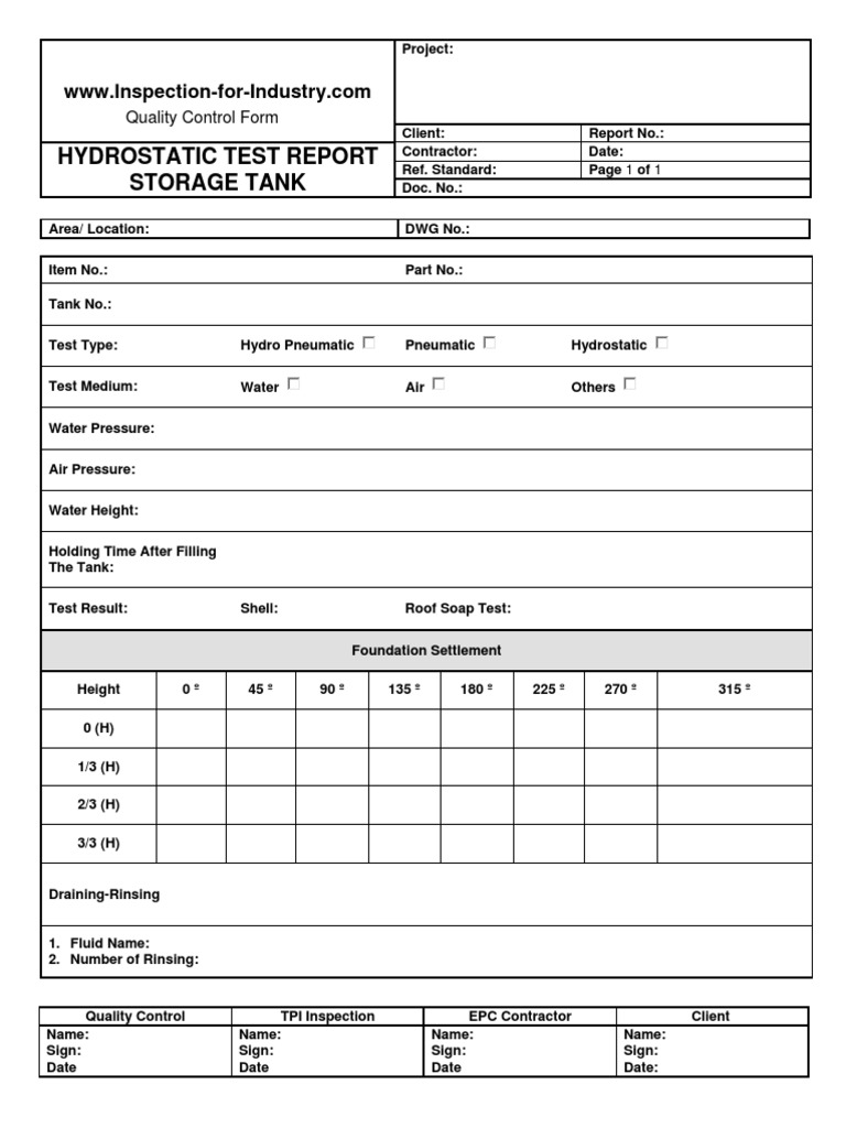 Storage Tank Hydrostatic Test Quality Control and Inspection Within Hydrostatic Pressure Test Report Template