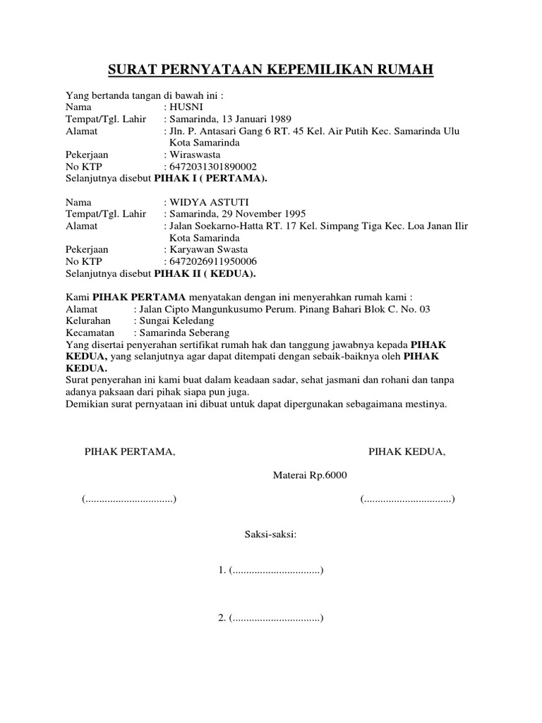 Surat Kepemilikan Rumah Second
