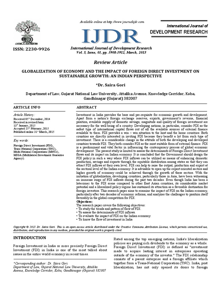 Globalisation of Economy and The Impact of FDI On Sustainable Growth ...