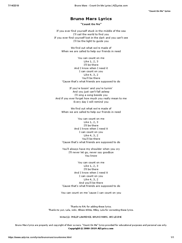 Bruno Mars Count On Me Lyric Pdf American Musicians Songs